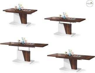 Mazzoni Design Couchtisch Tisch Grand Noir stufenlos höhenverstellbar ausziehbar 120 bis 180cm Esstisch (Nussbaum/Weiß matt)