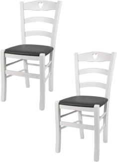 Tommychairs - 2er Set Stühle Cuore für Küche und Esszimmer, Robuste Struktur aus Buchenholz, deckend Weiss lackiert und gepolsterte Sitzfläche mit Kunstleder in der Farbe Dunkelgrau bezogen