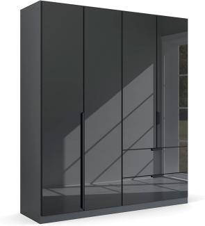 Kleiderschrank Drehtürenschrank Modern | 4-türig | mit Schubkästen | grau metallic / Glas basalt | 181x210