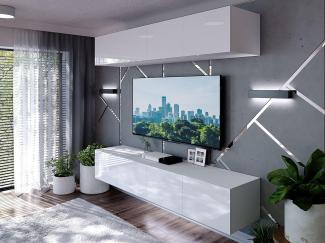 Domando Wohnwand Imperia M1 Modern für Wohnzimmer Breite 200cm, variabel hängbar, Push-to-open-System, LED Beleuchtung in weiß, Hochglanz in Weiß Matt und Weiß Hochglanz