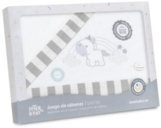 INTERBABY · Bettwäsche-Set für Kinderbett, Flanell "Unicornio Nubes" weiß grau· 100% Baumwolle · 3-teilig Bettlaken Winter für babys