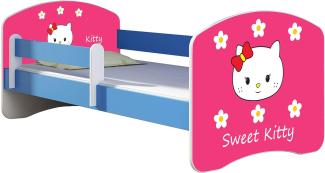 ACMA Kinderbett Jugendbett mit Einer Schublade und Matratze Blau mit Rausfallschutz Lattenrost II 140x70 160x80 180x80 (16 Sweet Kitty 2, 140x70)