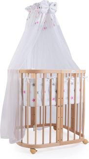 Waldin® Babybett aus Holz 7in1 mit Matratze, mitwachsendes Kinder-Bett, belüftet, Boden 5-fach verstellbar, All-Inclusive-Set Holz natur, Stoffe Sterne pink