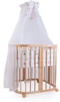 Waldin® Babybett aus Holz 7in1 mit Matratze, mitwachsendes Kinder-Bett, belüftet, Boden 5-fach verstellbar, All-Inclusive-Set Holz natur, Stoffe Sterne pink