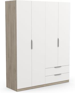 Demeyere Moderner Kleiderschrank, 4 Türen, 5 Einlegeböden, 2 Schubladen, Farbe: Eiche Kronberg & Mattes Weiß, 157,3 x 51,1 x 203 cm, Holzwerkstoff