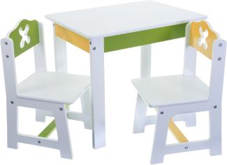 Bieco Kindersitzgruppe Frühling aus Holz mit Kindertisch und zwei Kinderstühlen, für Kleinkinder ab 1 Jahre, über 80 KG belastbar, Weiß, Grün, Gelb, Artnr 74199200