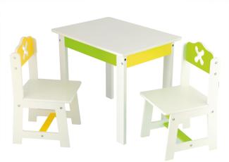 Bieco Kindersitzgruppe Frühling aus Holz mit Kindertisch und zwei Kinderstühlen, für Kleinkinder ab 1 Jahre, über 80 KG belastbar, Weiß, Grün, Gelb, Artnr 74199200