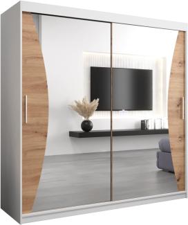Kryspol Schwebetürenschrank Monaco 200 cm mit Spiegel Kleiderschrank mit Kleiderstange und Einlegeboden Schlafzimmer- Wohnzimmerschrank Schiebetüren Modern Design (Weiß + Artisan Eiche)
