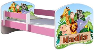Kinderbett Jugendbett mit einer Schublade und Matratze Rausfallschutz Rosa 70 x 140 80 x 160 80 x 180 ACMA II (02N Animals name, 80 x 180 cm)