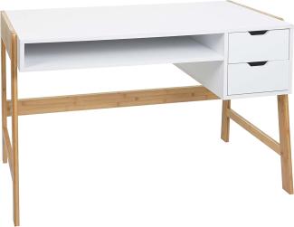 Schreibtisch HWC-K12, Bürotisch Computertisch Arbeitstisch, Schublade, Bambus 76x115x58cm ~ weiß
