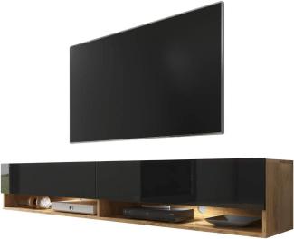 Selsey Wander - TV-Board/Fernsehschrank für Wohnzimmer hängend/stehend, optional mit LED, 180 cm breit (Holzoptik Wotan Eiche/Schwarz Hochglanz, mit LED)