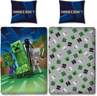 Minecraft Bettwäsche für Jungen 135x200 80x80 cm Motiv Creeper Creeps aus 100% Baumwolle