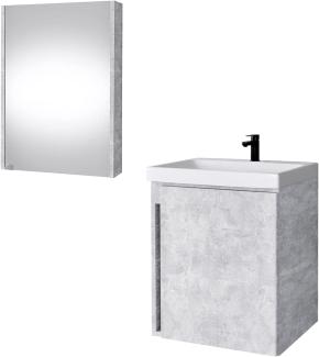 Planetmöbel Waschbeckenunterschrank mit Keramikwaschbecken & Spiegelschrank 50cm in Beton, modernes Badmöbel Set für Badezimmer WC
