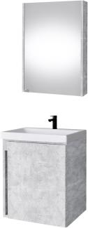 Planetmöbel Waschbeckenunterschrank mit Keramikwaschbecken & Spiegelschrank 50cm in Beton, modernes Badmöbel Set für Badezimmer WC