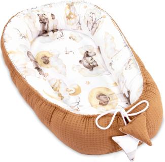 Babynest Neugeborene Nestchen Baby 90x50 cm - Kokon Handmade zweiseitig aus Baumwolle Waffel mit Babynestchen Schlummer Bär Hellbraun