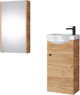 Planetmöbel Waschtisch und Spiegelschrank 40cm Gold Eiche, Waschtischunterschrank hängend mit Waschbecken, Badmöbel Set für Badezimmer