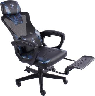 Gaming Stuhl im modernen Racing-Design mit einklappbarer Fußstütze - Gaming Chair mit flexiblen Armlehnen - ergonomischer Gaming Schreibtischstuhl mit extra Stützkissen Schwarz/Military -Blau