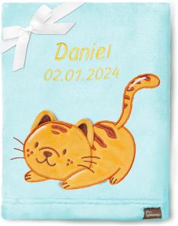 Be Mammy Personalisierte Babydecke mit 3D Applikation Warme Kuscheldecke mit Namen und Geburtsdatum; Perfektes Baby Geschenk; Blanket; Krabbeldecke BE20-280 (Puderblau - Katze)