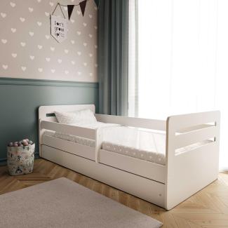Kinderbett Jugendbett Weiß mit Rausfallschutz Schubalde und Lattenrost Kinderbetten für Mädchen und Junge - Tomi 80 x 180 cm