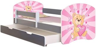 ACMA Kinderbett Jugendbett mit Einer Schublade und Matratze Grau mit Rausfallschutz Lattenrost II (10 Teddybär, 180x80 + Bettkasten)