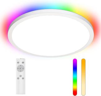 LEDYA LED Deckenleuchte dimmbar, 18W RGB Deckenlampe mit Fernbedienung, runde feuchtigkeitsbeständige Deckenbeleuchtung, 1600LM Ø295×25mm