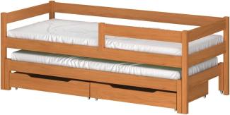 WNM Group Kinderbett Ausziehbar JULA mit Rausfallschutz und Lattenrost - Bett mit Schubladen - Ausziehbett für Jugendliche - Jugendbett - Funktionsbett - Teak - 80x180 80x170
