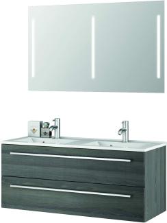 Sieper I Doppelwaschtisch mit Unterschrank 120 x 50 cm und Spiegel mit Beleuchtung, Badmöbel Set Libato I Pinie Schwarz