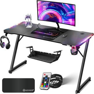 KESSER® Gaming Tisch LED | Z-Form Gamer Schreibtisch | Kopfhörerhaken & Kohlebeschichtung | Ergonomischer PC Computertisch | Stabiler Tisch mit Mauspad & Getränkehalter Schwarz Carbon mit LED, 140 x 60 cm