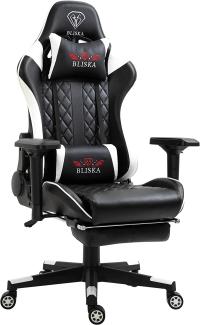 Gaming Stuhl mit Fußstütze und ergonomsichen 4D-Armlehnen - Gaming Chair in Sportsitz Optik - Gamer Stuhl mit verstellbaren Rückenstützkissen für gesündere Sitzhaltung, Farbe:Schwarz/Weiß