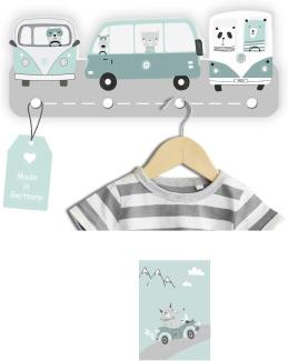 Kindsblick® Wild Cars Kindergarderobe in Mintgrün incl. DIN A4 Poster – Garderobe mit 4 Kleiderhaken für Kinder – Wunderschöne Deko für jedes Kinderzimmer