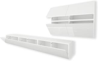 Domando Wohnwand Imperia M6 Modern für Wohnzimmer Breite 350cm, variabel hängbar, Push-to-open-System, LED Beleuchtung in weiß, Hochglanz in Weiß Matt und Weiß Hochglanz