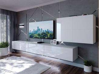 Domando Wohnwand Imperia M6 Modern für Wohnzimmer Breite 350cm, variabel hängbar, Push-to-open-System, LED Beleuchtung in weiß, Hochglanz in Weiß Matt und Weiß Hochglanz