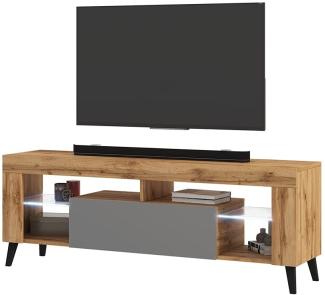Selsey HugoB – TV-Lowboard, modernes TV-Sideboard mit Füßen und Glaseinlegeböden, 140 cm (Lancaster Eiche Matt / Grau Glanz, mit LED)