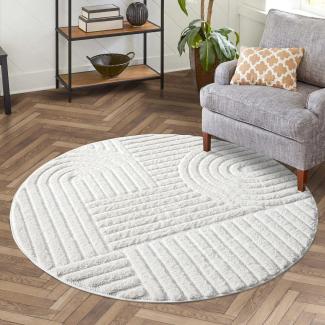 carpet city Teppich Hochflor Wohnzimmer - 160 cm Rund - Einfarbig Weiß/Creme - Hochtief-Muster/ 3D-Effekt Geometrisch - Shaggy Teppiche Schlafzimmer Boho, Scandi