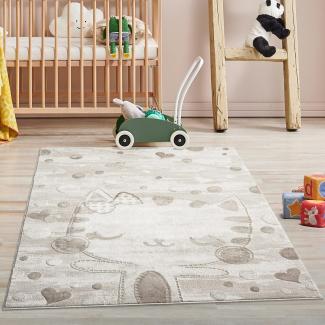 Kinderteppich Creme, Beige - 160x230 cm - Tier-Motiv Katze, Herzen - Kurzflor Teppiche Kinderzimmer, Spielzimmer