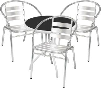 Bistrogarnitur 3-teilig Metall /Glasplatte rund weiß - Alu Stühle