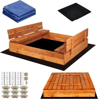 SPRINGOS Holz-Sandkasten mit Sitzbänken 120 x 120 cm Extra Vlies für Sandkästen und Abdeckplane Imprägniertes Holz Kinder-Sandkasten Spielplatz