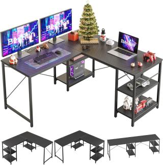 Bestier L-förmiger Schreibtisch mit Regalen Reversibel Eckschreibtisch 240CM Industrieller Langen Tisch Stabil Schreibtisch L Form Computer Workstation mit 3 Kabellöchern