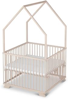 Sämann Laufgitter EXCLUSIVE 100x100 cm mit Matratze - Hausbett & Babybett - stufenlos höhenverstellbar Laufstall Baby Buche natur