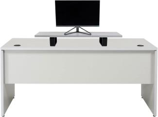 Furni24 Schreibtisch fürs Arbeitszimmer und Home Office - Großer laminierter Computertisch aus Holz, 2 Kabeldurchlässe (Grau, inkl. Monitorständer und Kabelkanal,180x80x75 cm)