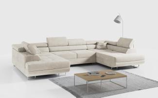 Ecksofa, Wohnzimmer U Couch, Polstersofa mit Bettkasten - GUSTAW-U - Hellbeige Velours