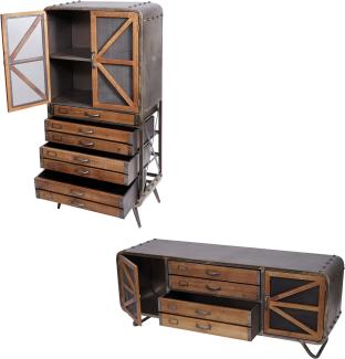 Wohnzimmer-Set HWC-F91, TV-Rack Kommode Highboard Hochschrank, Industrial Tanne Holz Metall, braun-schwarz