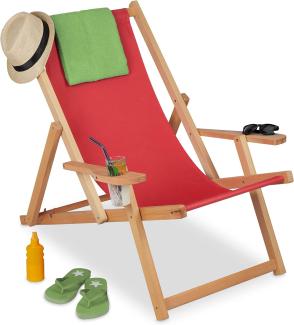 Relaxdays Liegestuhl Holz, klappbarer Sonnenstuhl, 3 Positionen, bis 100 kg, Armlehne Getränkehalter, Buchenholz, rot