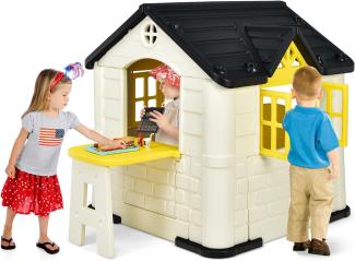 COSTWAY 164 x 124 x 132 cm Kinder Spielhaus mit Pickniktisch, Türen und Fenstern, Kinderhäuschen Outdoor inkl. Spielzeugset und Regenschutzhülle, ideal für Jungen und Mädchen (Gelb)
