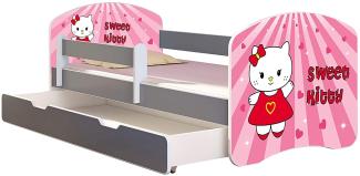 ACMA Kinderbett Jugendbett mit Einer Schublade und Matratze Grau mit Rausfallschutz Lattenrost II (15 Sweet Kitty, 180x80 + Bettkasten)