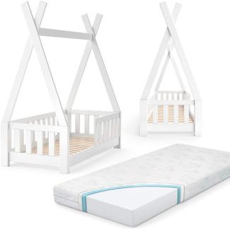 VitaliSpa 'Tipi' Kinderbett, Weiß, 70 x 140 cm, inkl. Matratze, Rausfallschutz und Lattenrost, Buche massiv