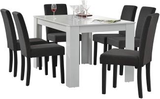 Esstisch weiß mit 6 Stühlen grau Textil 140x90