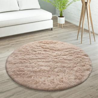 Paco Home Hochflor Teppich Wohnzimmer rutschfest Fellteppich Shaggy Flauschig Weich Modern Kunstfell Fell Imitat Einfarbig, Grösse:200 cm Rund, Farbe:Beige