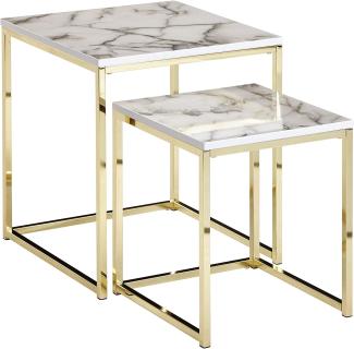 Wohnling Design Satztisch, Beistelltisch 2er Set Marmor Optik, weiß/gold, quadratisch