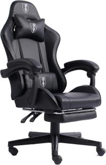 Gaming Chair im Racing-Design mit flexiblen gepolsterten Armlehnen - ergonomischer PC Gaming Stuhl in Lederoptik - Gaming Schreibtischstuhl mit ausziehbarer Fußstütze und extra Stützkissen Schwarz